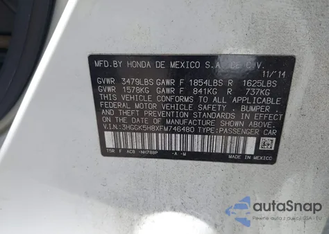 2015 Honda Fit Ex/Ex-L из США, поврежденный, VIN 3HGGK5H8XFM746480